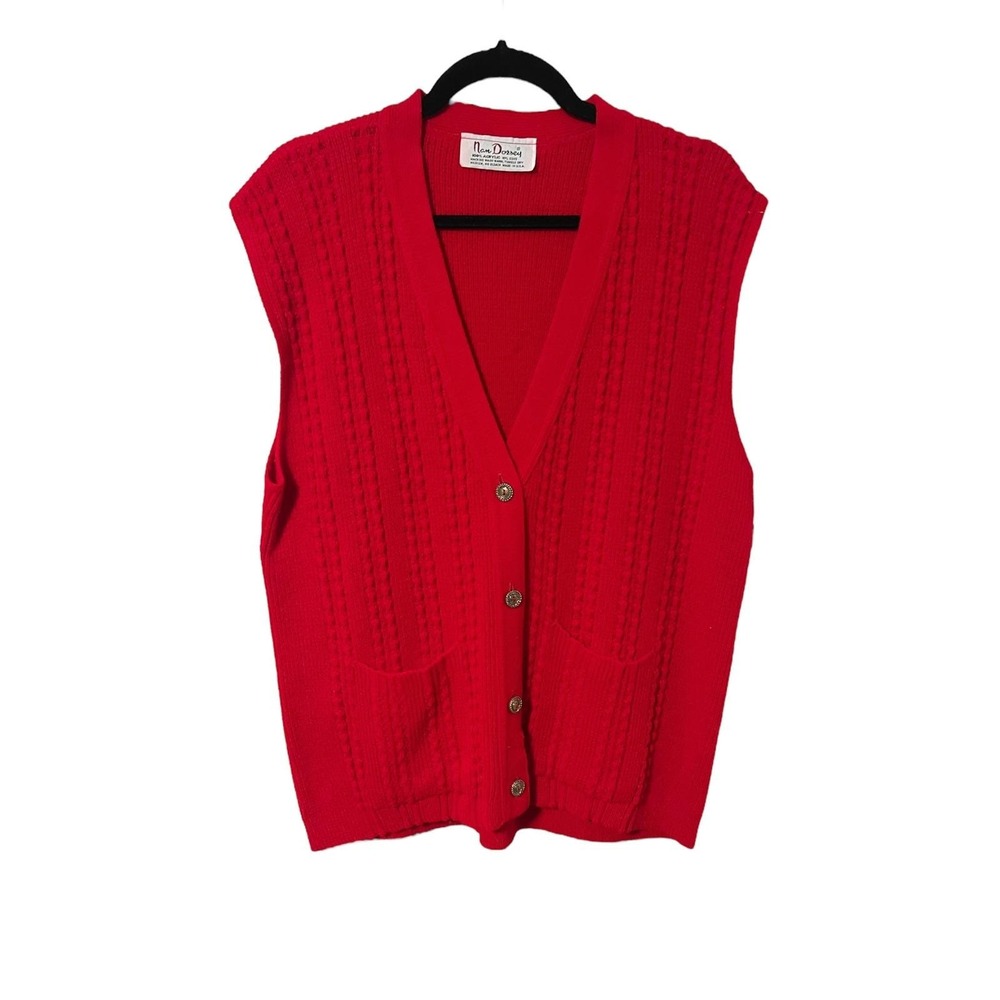Vintage Nan Dorsey 60s 70s Knit Cozy Red Pocket Vest Gold Buttons Holiday